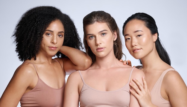 Diversity women portrait and skincare wellness of model friends with beauty and health Cosmetics body positivity and woman solidarity and support for self care self love and natural cosmetics