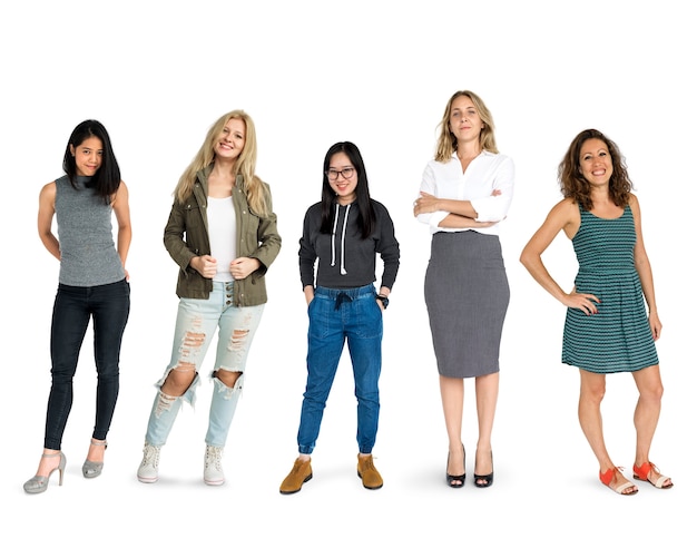 Diversity Women Set Gesture Standing Together Studio Isolated