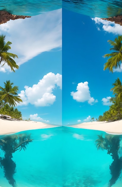 Divided view of the ocean and sky above and the sky with palm trees below