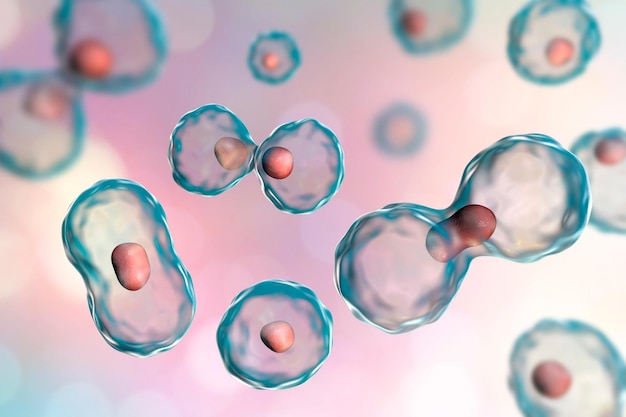 Dividing cells on colorful background 3D illustration