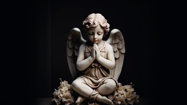 Foto statua del cherubino che prega per la contemplazione divina