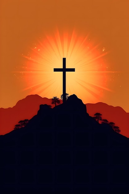 Divine Dawn Silhouette Cross on Hilltop Bathed in Light