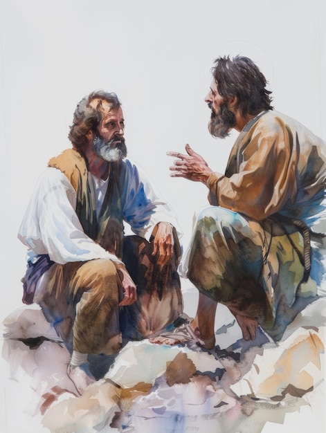 Photo divine discourse a watercolor masterpiece depicting jesus and james the greater generative ai
