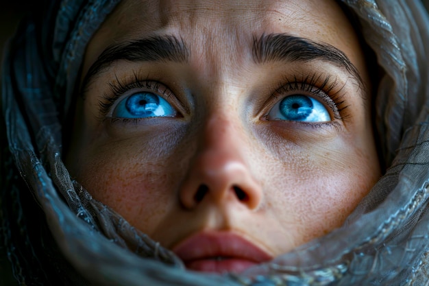 Divine Gaze Intimate Portrait of a Woman in Veil Praying with Blue Eyes