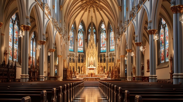 Divine Illumination AweInspiring Aerial View of a Church with Stained Glass Windows and Pews Generated by AI