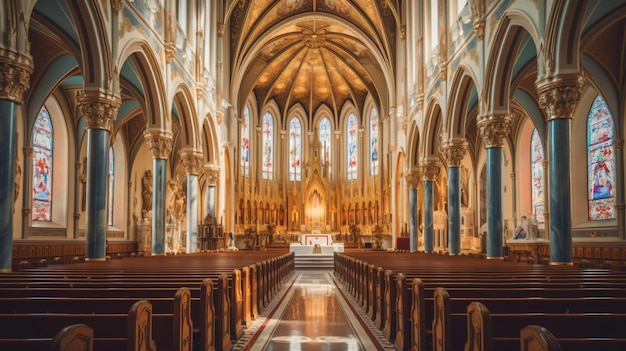 Divine Illumination AweInspiring Aerial View of a Church with Stained Glass Windows and Pews Generated by AI