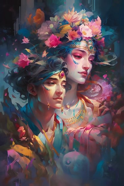 Divine love story of Hindu gods Radha and Krishna through a contemporary art