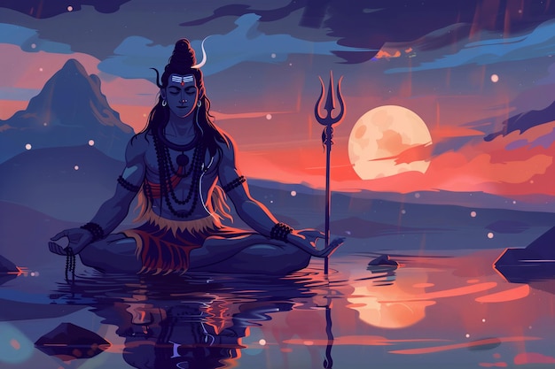 Divine Meditation Illustration of Lord Shiva in Tranquil Contemplation