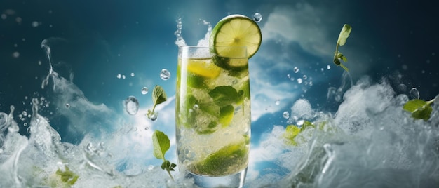 Divine mojito amidst clouds with lime and mint Surreal green drink cloud backdrop AI Generative