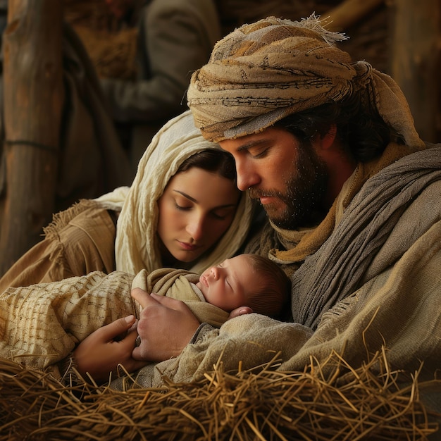 Photo divine narrative a mesmerizing nativity scene the holy essence of christmas with a harmonious tableau of mary joseph baby jesus christ