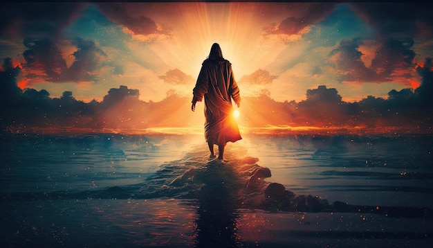 A Divine Sunset Jesus Walking on Water in a Miraculous Moment Generative AI