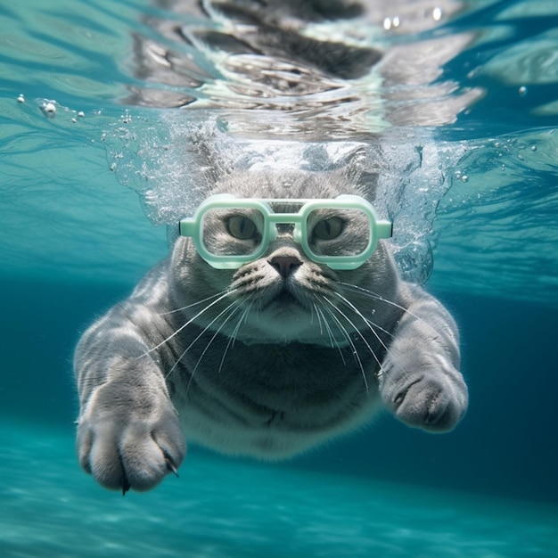 青い水に潜る猫