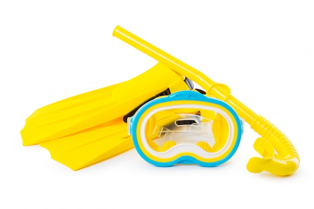 Diving equipment goggles,snorkel and flippers on white background.