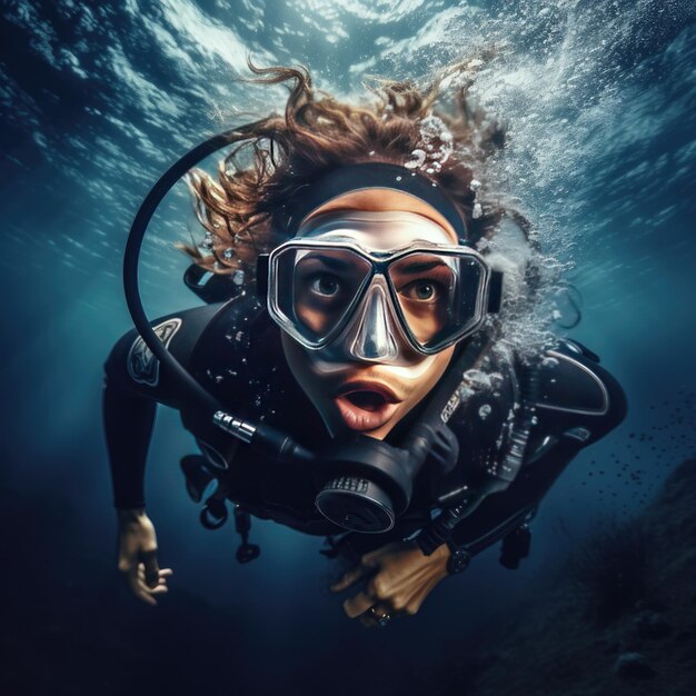 Diving lesson in open water Scuba diver before diving into ocean generative ai