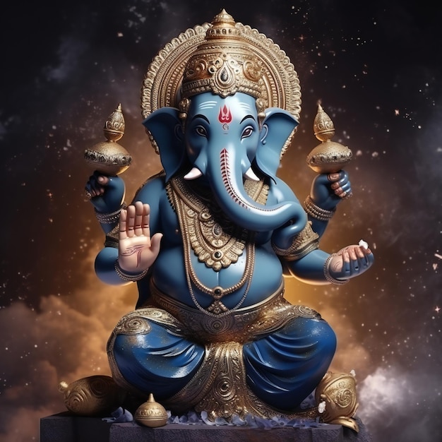 Divinity Amidst Cosmos Blue Ganesha with Halo on Cosmic Backdrop