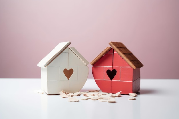 Divorce division of property poverty and no money concept Wooden broken house on light background