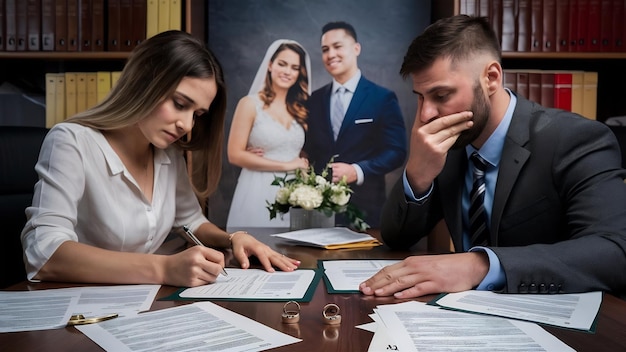 Фото Подпись развода, документ о расторжении брака, обручальное кольцо и соглашение на столе в офисе адвоката.