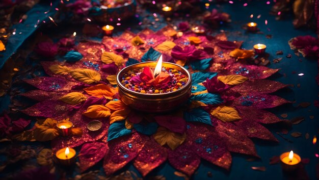 Foto diwali-achtergrondontwerp met diya-lamp met een caleidoscoop van kleuren en patronen