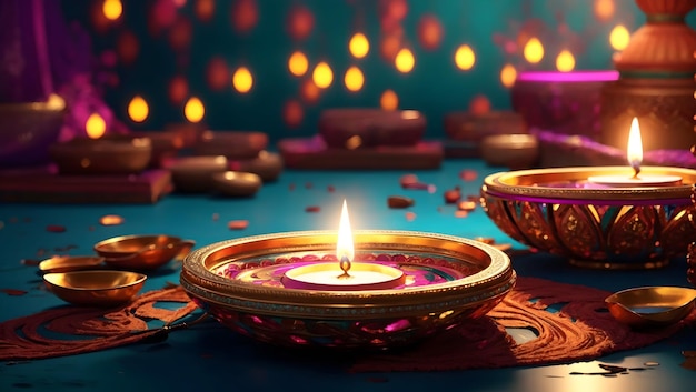 Diwali-achtergrondontwerp met diya-lamp met een caleidoscoop van kleuren en patronen