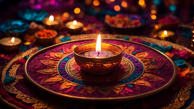 Diwali background design with diya lamp featuring a kaleidoscope of colors and patterns