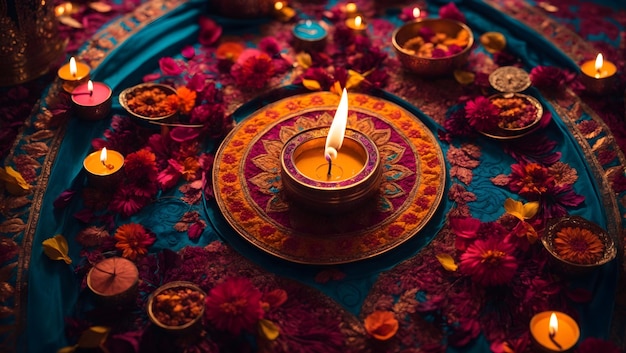 Diwali background design with diya lamp featuring a kaleidoscope of colors and patterns