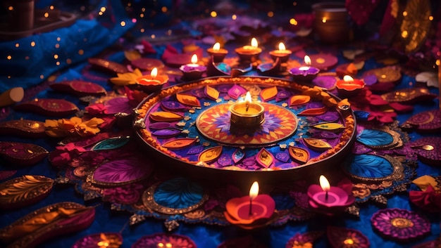 Diwali background design with diya lamp featuring a kaleidoscope of colors and patterns