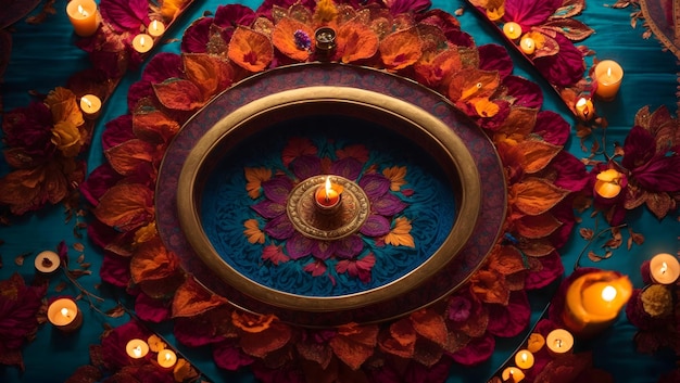 Diwali background design with diya lamp featuring a kaleidoscope of colors and patterns