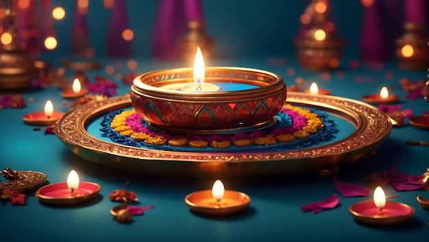 Diwali background design with diya lamp featuring a kaleidoscope of colors and patterns