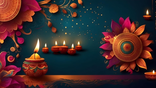 Diwali background design with diya lamp featuring a kaleidoscope of colors and patterns