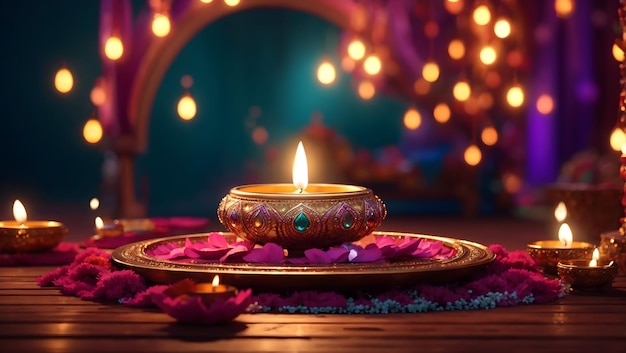 Diwali background design with diya lamp featuring a kaleidoscope of colors and patterns