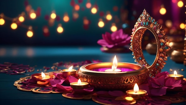 Diwali background design with diya lamp featuring a kaleidoscope of colors and patterns