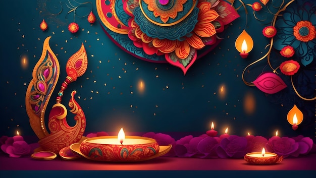 Diwali background design with diya lamp featuring a unique combination of bold shapes and patterns