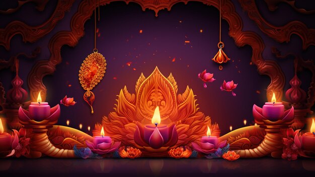Photo diwali banner glowing candles for indian holiday diwali festival of lights on dark background