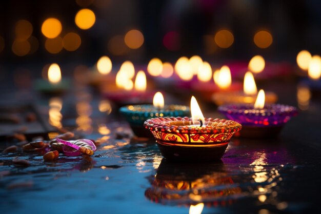 Diwali behang Glowing lichten diya en feestelijke achtergrond verlichten vieringen