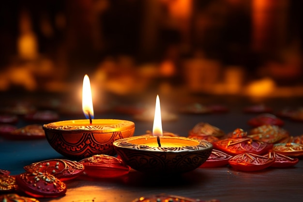 Diwali behang Glowing lichten diya en feestelijke achtergrond verlichten vieringen