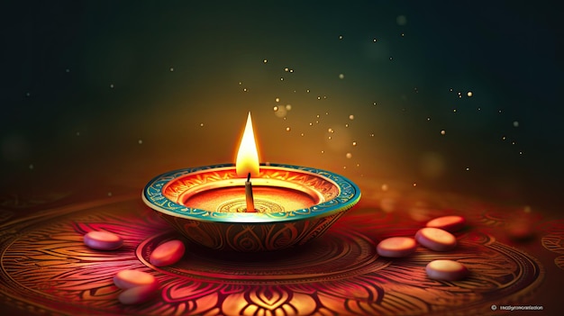 A diwali candle is lit in a dark room.