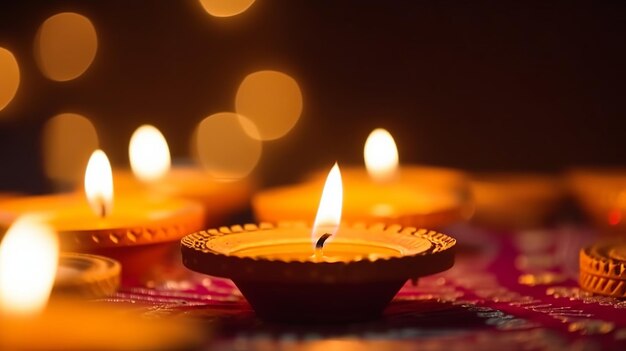 A diwali candle is lit in front of a background of lights