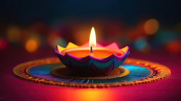 A diwali candle lit with colorful lights