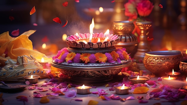 Фон празднования Дивали со свечами и лепестками цветов, созданный ИИ