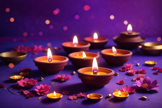 Diwali celebration background with typical Diwali knickknacks full of bright candlelight