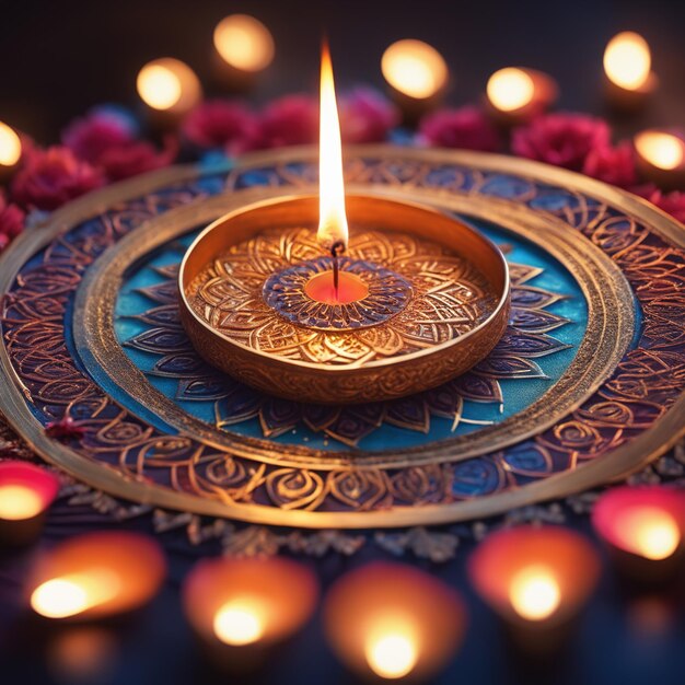 Diwali celebration beautifully designed rangoli and diyas with fireworks background