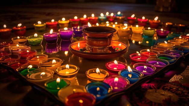 Photo diwali celebration diya oil lamps lit on colorful rangoli generative ai