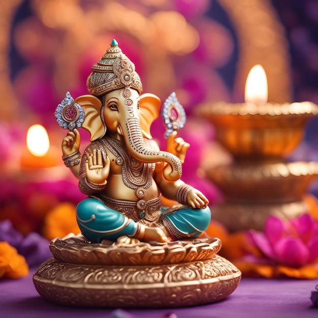 Diwali Celebration Lord Ganesha Statue in Focus