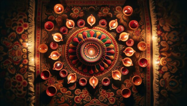 Diwali Celebration Traditional Diyas on Patterned Rug