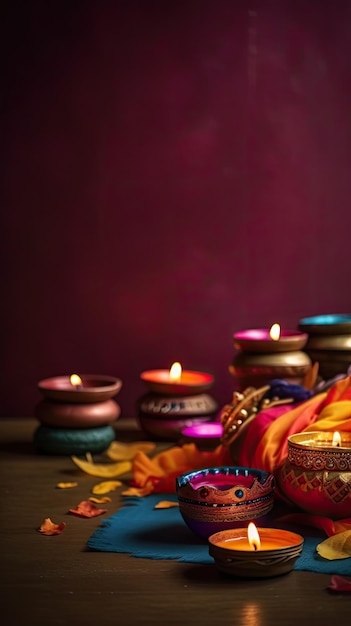 A diwali celebration with candles and a red background