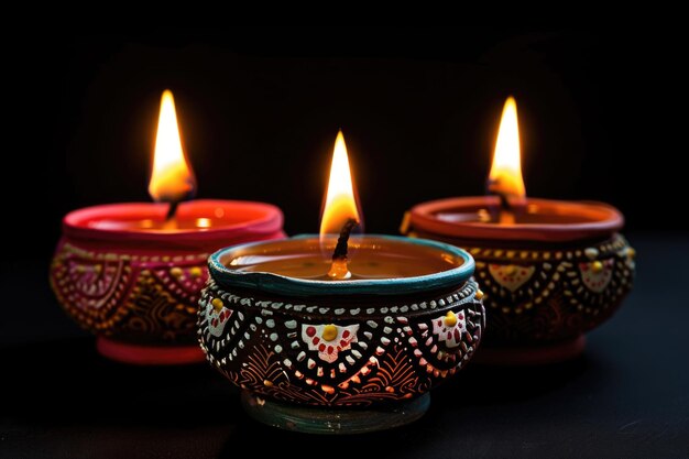 Photo diwali celebration with clay lamps on black background