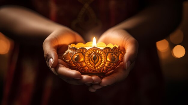 Diwali Clay Lamp in woman hand Happy Diwali celebration