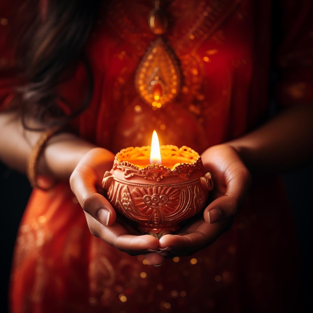 Photo diwali clay lamp in woman hand happy diwali celebration