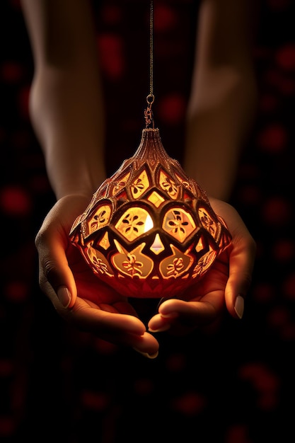 Diwali Clay Lamp in woman hand Happy Diwali celebration
