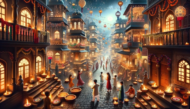 Diwali concept An old Indian town square illuminated with diyas and lights with children enjoying sparklers